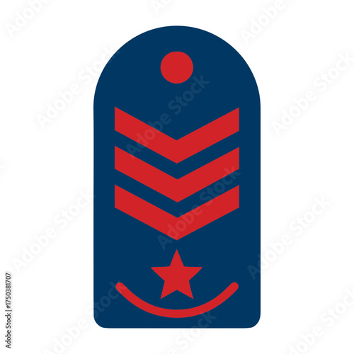 Vector illustration of a blue military rank insignia with red chevrons and a star