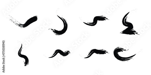 Collection of abstract black ink brush strokes and paint splatters on a white background