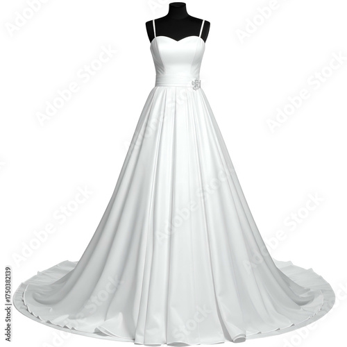 Elegant white wedding gown on a black mannequin with a sweetheart neckline and flowing train