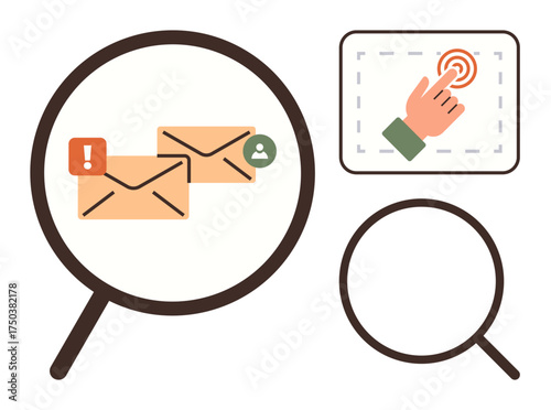 Magnifying glass examines email with alert and profile icon, user clicks on a digital interface. Ideal for email security, communication, alerts, notifications, UX, data analysis, simple flat