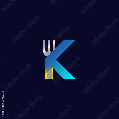 Colorful illustration logo design initial K combine with fork. Letter K fork food restaurant logo icon.