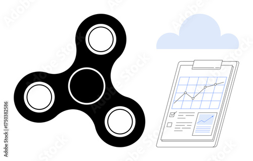 Black fidget spinner next to a clipboard showing graphs, checklists, and analytics under a small cloud. Ideal for stress relief, productivity, innovation, focus, growth planning minimal design. A