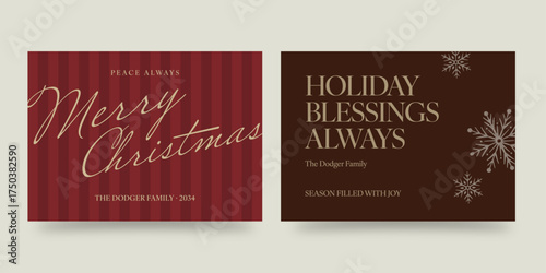 Minimalist Christmas Greeting Card Templates – Elegant Dark Red and Brown Holiday Designs with Snowflakes and Modern Typography