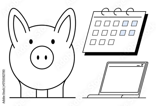 Piggy bank emphasizing savings, calendar highlighting planning, and laptop for tracking digital finances. Ideal for finance, budgeting, savings, planning, organization, productivity simple flat