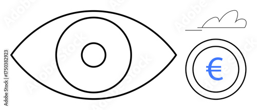 Large eye outline focusing on euro currency symbol in a circle, accompanied by a minimalist cloud sketch. Ideal for finance, vision, economy, investment, future planning, minimalism, awareness