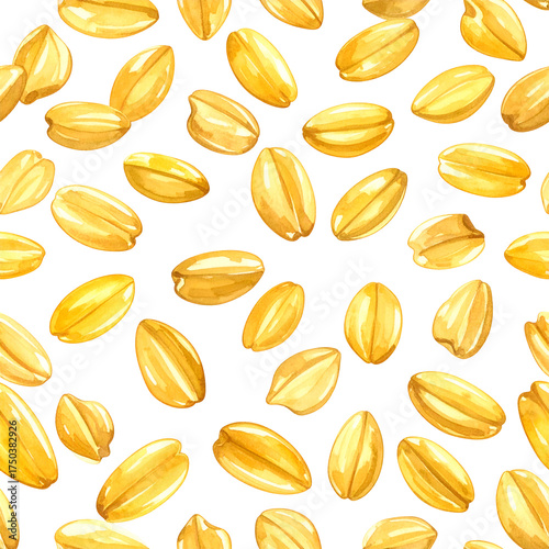 Gold grain kernels, with a yellow hue and a black background, scattered in a seamless pattern