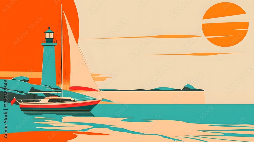 Naklejka premium Yacht�and�lighthouse�in retro style