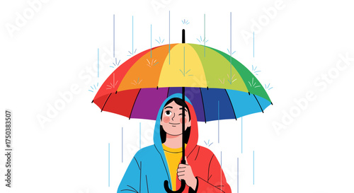 A person holding a colorful rainbow umbrella under the falling rain.