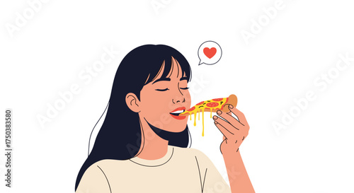 A young woman enjoys a delicious slice of cheesy pizza with a heart symbol above her head.