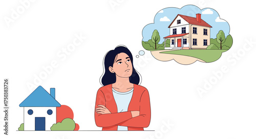 A woman is contemplating her future home and current dwelling.