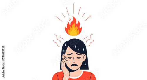 Woman feeling overheated and unwell with a burning sensation above her head.