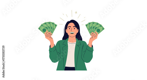 A happy woman holding a lot of money in her hands. she is smiling broadly.