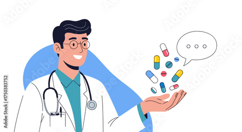 A friendly doctor offers a handful of colorful pills and capsules in a stylized illustration.