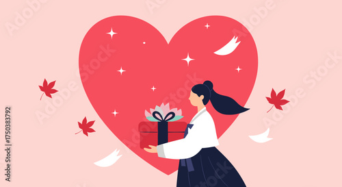 A kind woman in traditional Korean attire gracefully presents a gift with a large heart symbol in the background symbolizing love and generosity.