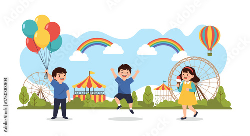 Children enjoying a fun day at a colorful amusement park filled with rides and balloons.
