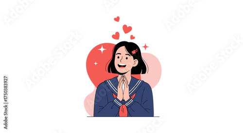 A happy young woman feeling love and admiration with hearts floating above her head.