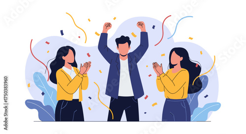 A triumphant person is celebrating success with two people clapping around them amidst falling confetti and foliage.
