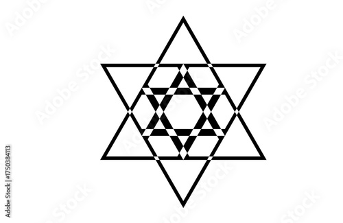 Black and white geometric mandala star pattern, intricate layered triangles with sharp radial symmetry, modern minimalist vector for decor, wall art, backgrounds, branding, print, textiles, and web
