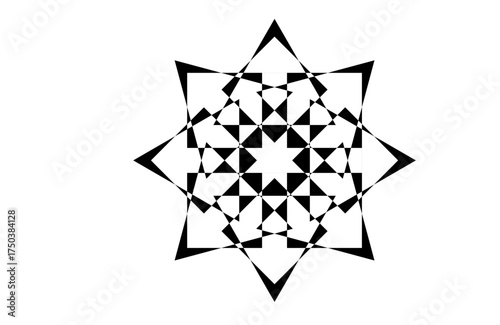 Elegant Black and white geometric star mandala, modern minimal abstract vector with layered triangles and symmetry, bold centerpiece for decor, meditation, branding, yoga, tattoo, print, web, textile