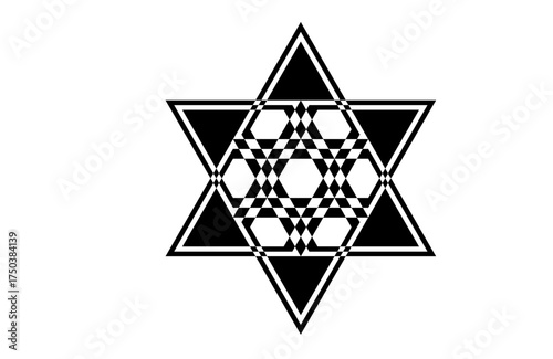 Black and white geometric star mandala, bold abstract vector with triangle pattern and layered symmetry, modern minimal art for decor, meditation, branding, tattoo, backgrounds, print, web, and yoga