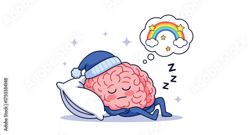 A tired brain is dreaming of a rainbow while resting peacefully on a pillow.