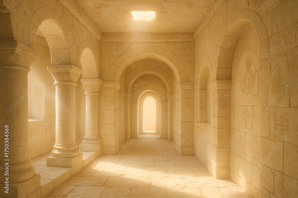 Fototapeta premium Sunbeam illuminating an ancient stone corridor with arched hallways old architectural interior