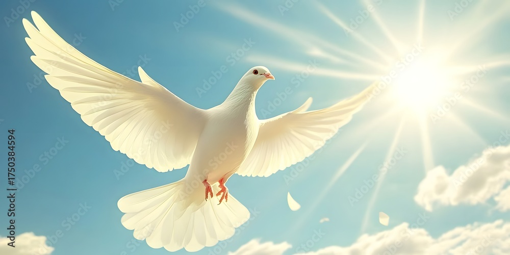 Fototapeta premium Dove soaring in bright sunlight, symbolizing peace