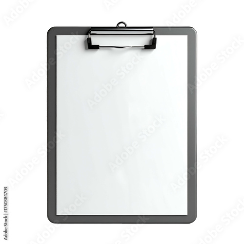 A gray clipboard with a blank white paper sheet, isolated on a black background