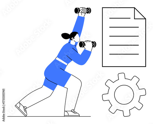 Woman lifting dumbbells in a lunge position, document, and gear. Ideal for wellness, fitness, productivity, determination, goal setting personal growth and work-life balance. Simple flat metaphor