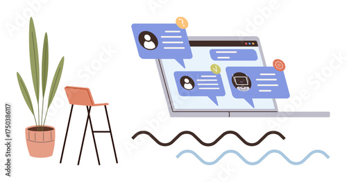 Laptop with chat bubbles representing online communication, near a potted plant, chair, wavy abstract lines. Ideal for virtual connection, teamwork, remote work, networking, messaging digital tools
