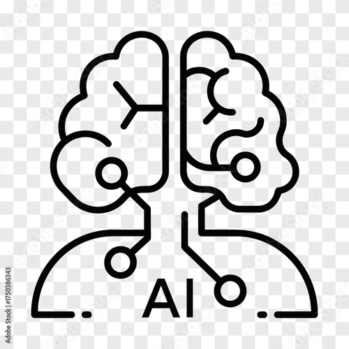 Stylized black line art outline of a human brain with circuit board elements and the letters AI artificial intelligence technology network digital mind