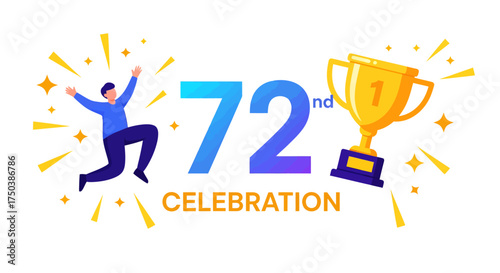 72nd Anniversary Winner with Trophy, Festive Graphic Design, Joyful Atmosphere, Vector Art