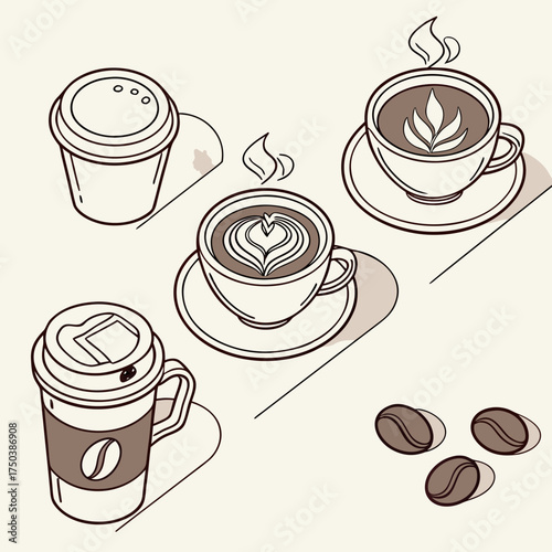 Isometric vector illustration of coffee cups and beans stylized line art drawing
