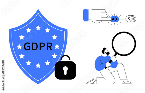 Blue shield labeled GDPR, padlock, person analyzing with magnifying glass, hand clicking advertisement. Ideal for data privacy, regulations, online security, compliance, ad safety user rights