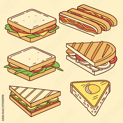 Hand drawn vector illustration of six delicious sandwiches for food service