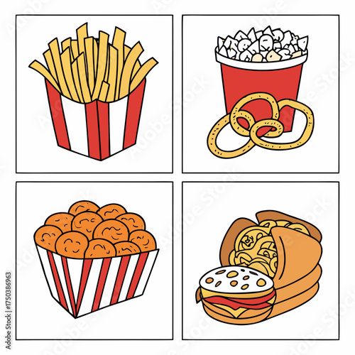 Vector illustration of delicious snack foods including fries popcorn pretzels nuggets and burger