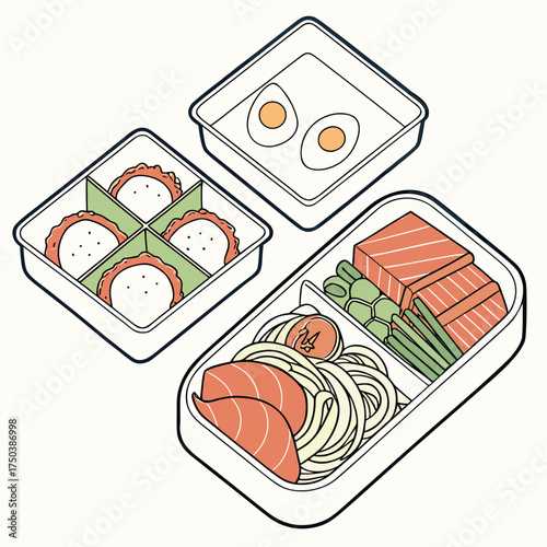 Vector illustration of a japanese bento box meal with delicious food items