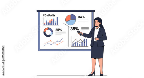 Business Presentation, Female Executive, Office, Illustration, Professional Environment, Front View, Data Visualization