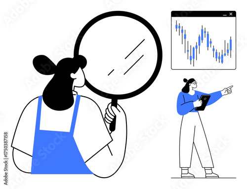 Woman holding magnifying glass, another analyzing chart and pointing to trends. Ideal for data analysis, research, business growth, education, planning, teamwork, simple landing page
