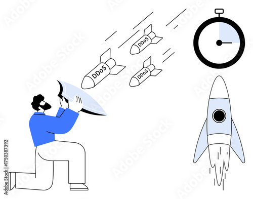 Person defends against incoming DDoS attacks with a shield, rocket represents progress, stopwatch symbolizes urgency. Ideal for cybersecurity, defense, technology, threats, progress, speed