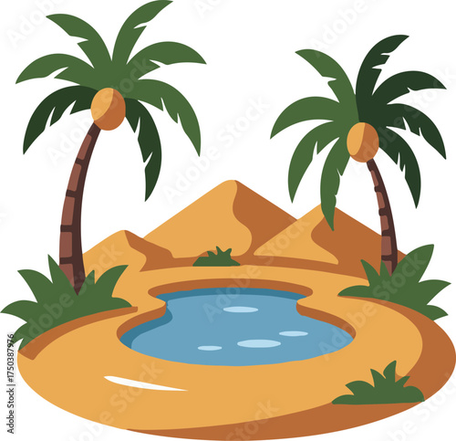 Desert oasis illustration with palm trees, sand dunes, and water pool