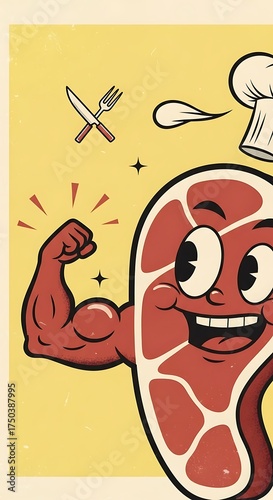 Cartoon Steak Character with Chef Hat and Muscular Arm.