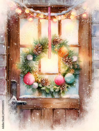 Cozy Watercolor Christmas Wreath on Door