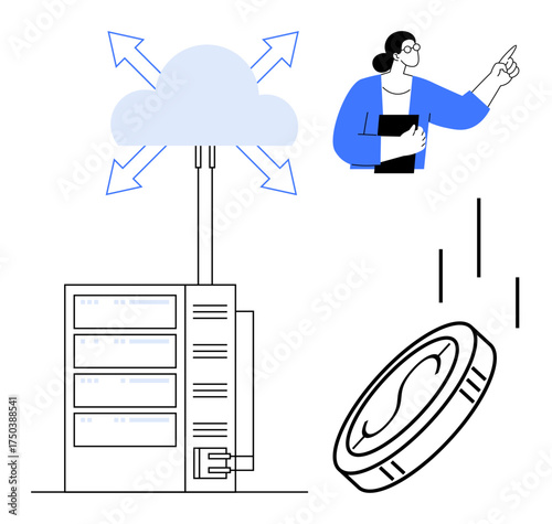 Cloud connected to server sending data, woman analyzing trends, falling coins. Ideal for technology, cloud computing, data analytics, business, finance server management digital economy. Simple