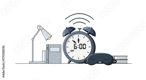Morning Routine, Alarm Clock, Bedroom, Illustration, Cozy Environment, Close-Up View, Concept of Time Management