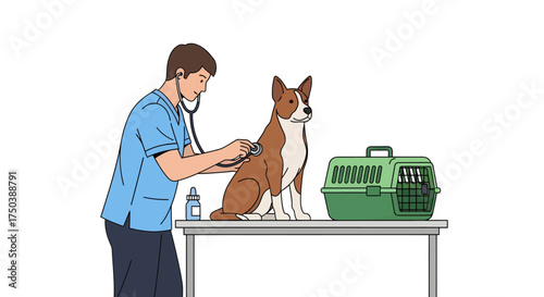 Veterinarian Examines Dog in Clinic, Pet Health Check, Indoor Setting, Illustration, Caring Environment