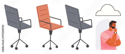 Man in pink shirt thinking while looking at three office chairs in a row under a thought cloud. Ideal for decision-making, career, options, strategy, planning, workplace, and creativity themes. A