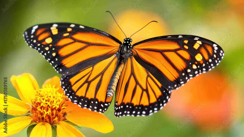 Naklejka premium Vivid Monarch butterfly with orange, black, and white patterns perched on a yellow flower