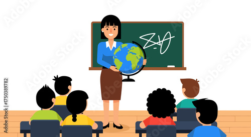 Vector illustration of a female teacher giving a geography lesson about the world using a globe to a class of young students