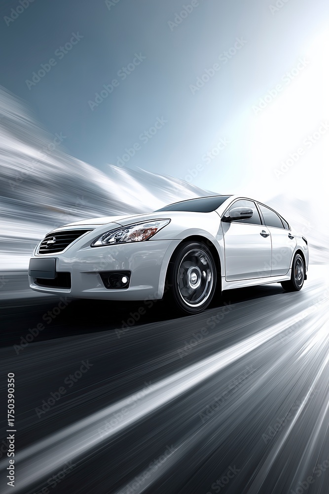 Naklejka premium White modern car driving fast on road with motion blur